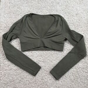 Garage Ribbed Long Sleeve V-Neck Crop Top Womens Small Olive Green Excellent